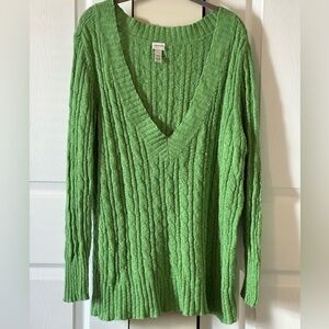 Women’s Y2K Vintage Venezia Kelly Green V-neck Cable Knit Sweater Sz:22/24